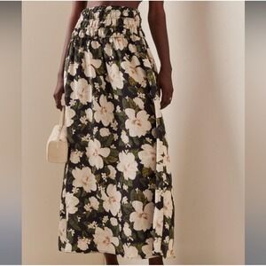 Posse‎ Black Abby Floral Printed Linen Smocked Maxi Skirt - Small